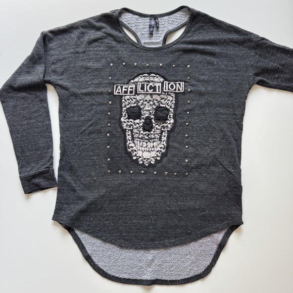 AFFLICTION Long Sleeve‎ Skull Sweater Top Womens Small Gray Made USA Studded - Picture 1 of 16